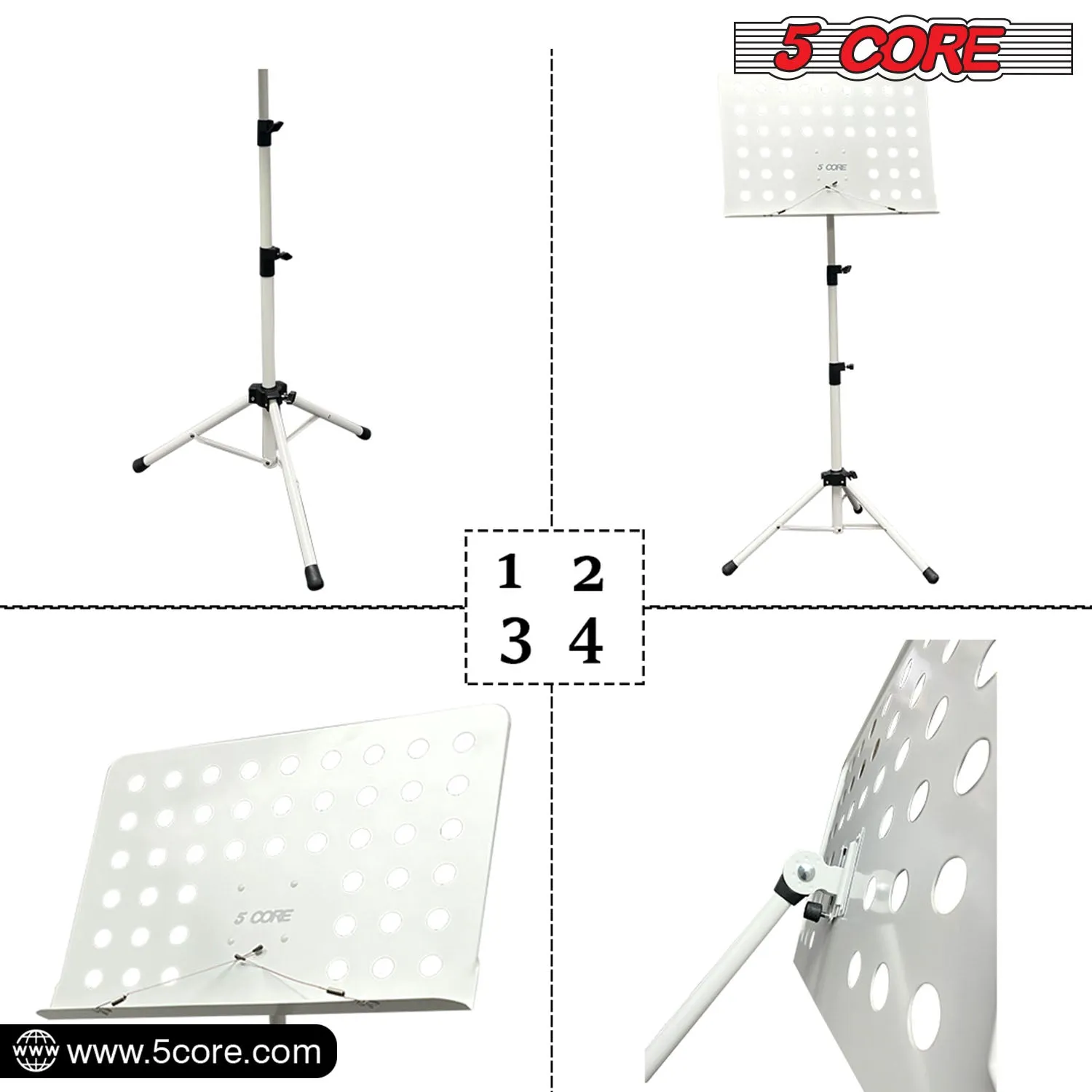 5 Core Sheet Music Stand Professional Folding Adjustable Portable, White
