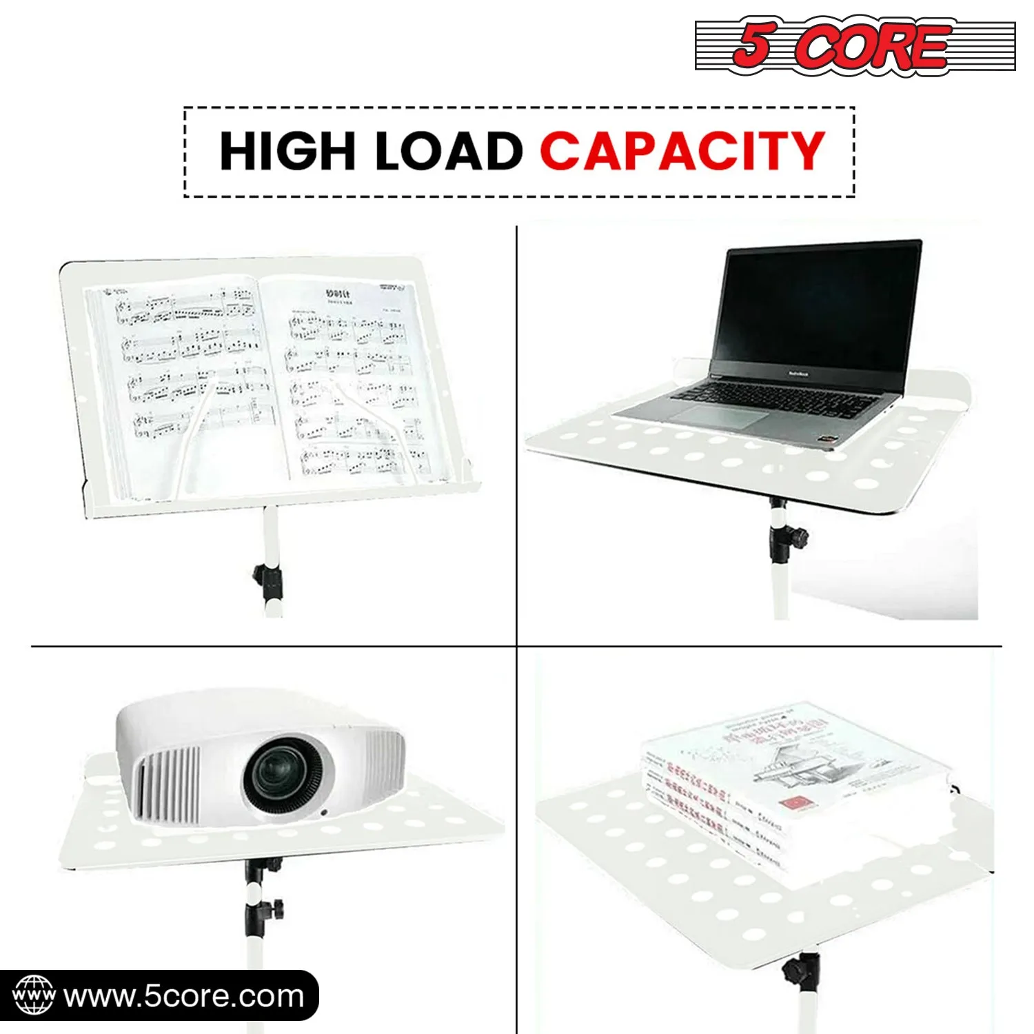 5 Core Sheet Music Stand Professional Folding Adjustable Portable, White