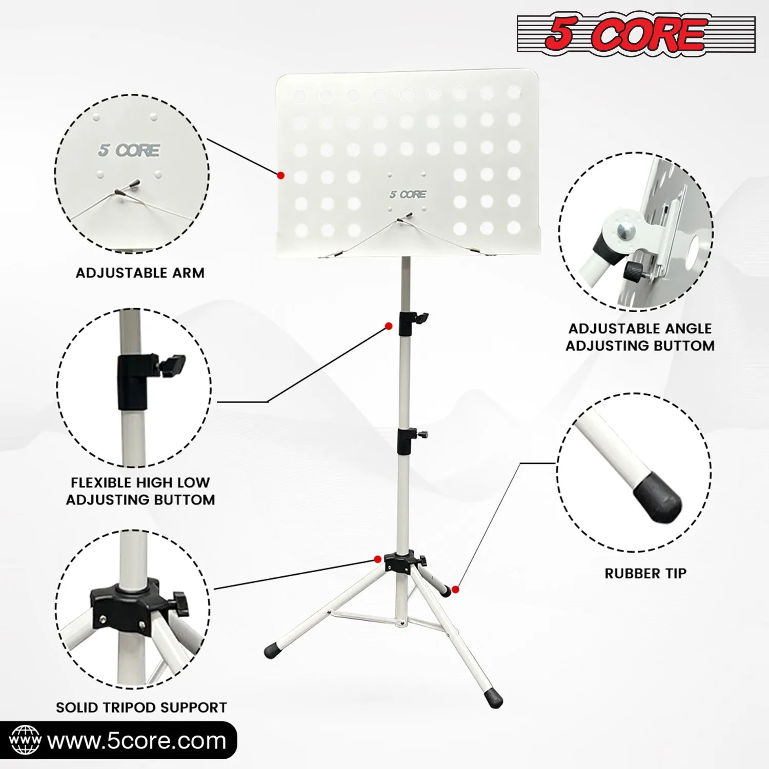 5 Core Sheet Music Stand Professional Folding Adjustable Portable, White