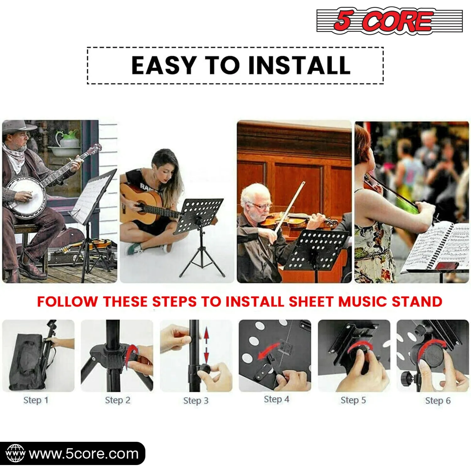 5 Core Sheet Music Stand Professional Folding Adjustable Portable, White