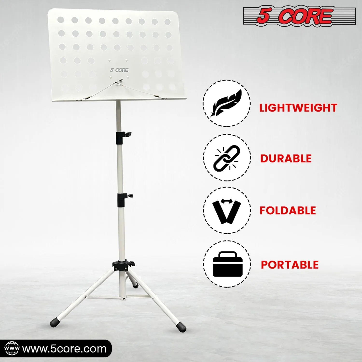 5 Core Sheet Music Stand Professional Folding Adjustable Portable, White