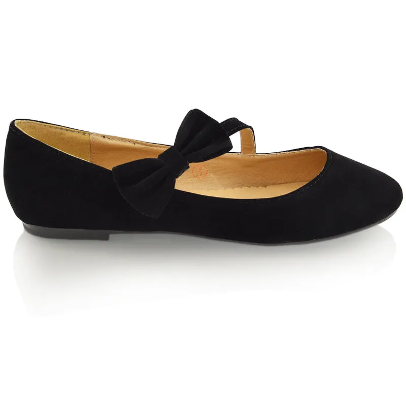 COLETTE FLAT LOW HEEL STRAPPY WITH BOW DETAILING BALLERINA PUMP SHOES IN BLACK FAUX SUEDE