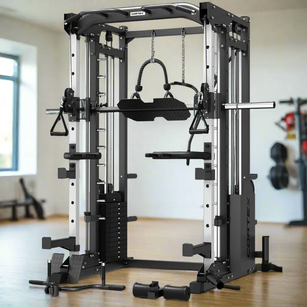 CORTEX SM-25 6-in-1 Power Rack with Smith & Cable Machine   BN-6 Bench   130kg Olympic Weight Plate & Barbell Package