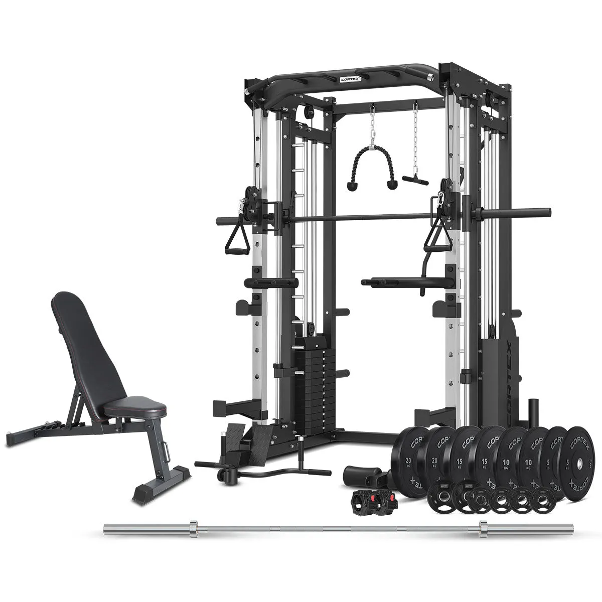 CORTEX SM-25 6-in-1 Power Rack with Smith & Cable Machine   BN-6 Bench   130kg Olympic Weight Plate & Barbell Package