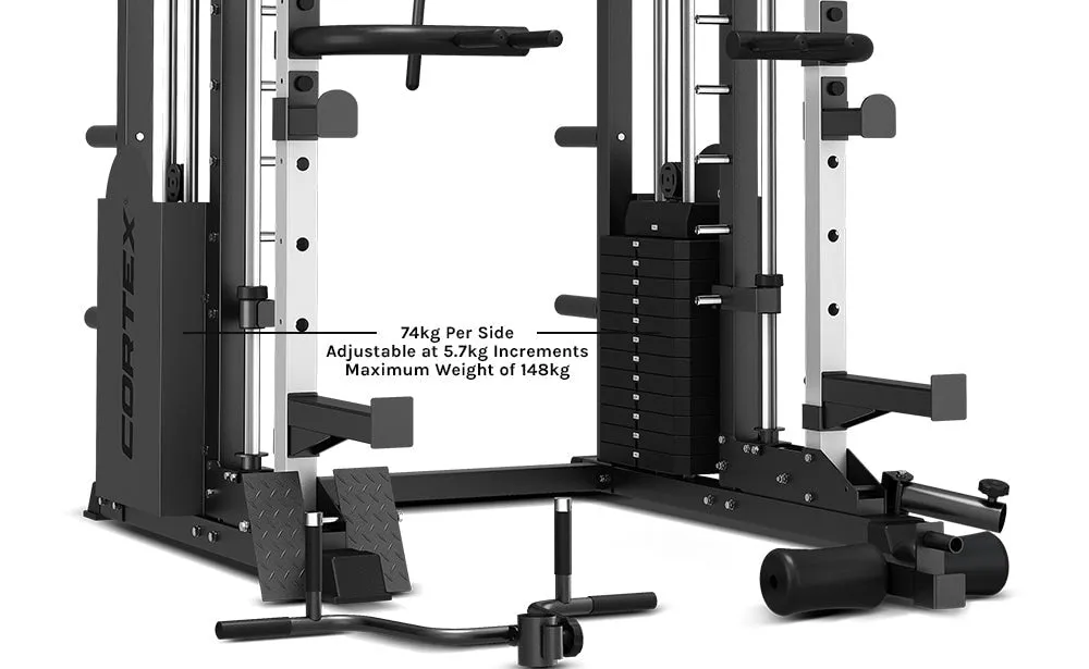 CORTEX SM-25 6-in-1 Power Rack with Smith & Cable Machine   BN-6 Bench   130kg Olympic Weight Plate & Barbell Package