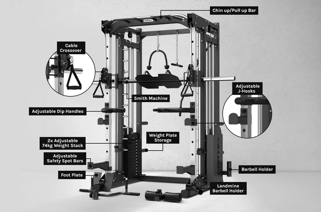 CORTEX SM-25 6-in-1 Power Rack with Smith & Cable Machine   BN-6 Bench   130kg Olympic Weight Plate & Barbell Package