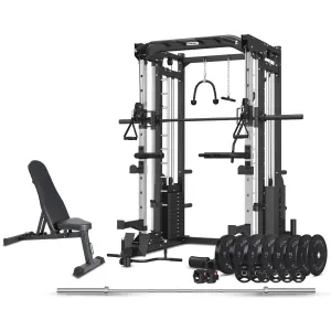 CORTEX SM-25 6-in-1 Power Rack with Smith & Cable Machine   BN-6 Bench   130kg Olympic Weight Plate & Barbell Package