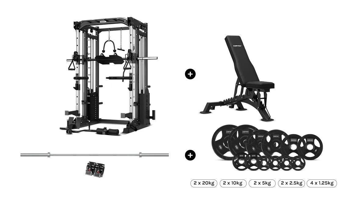 CORTEX SM-25 6-in-1 Power Rack with Smith & Cable Machine   BN-6 Bench   130kg Olympic Weight Plate & Barbell Package