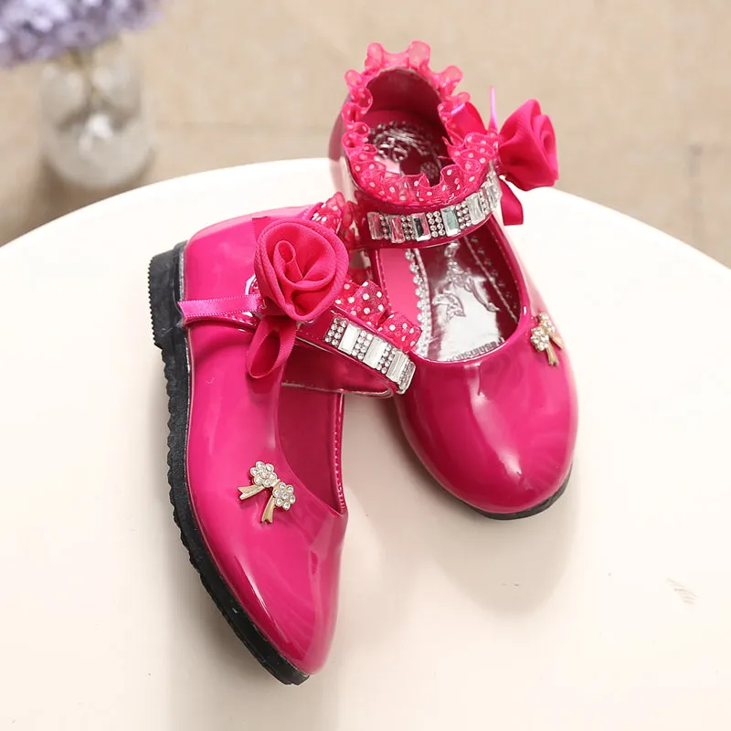 Cute Girls' Bow-Knot Trim Lace PU Princess Shoes With Rose Shape Buckle