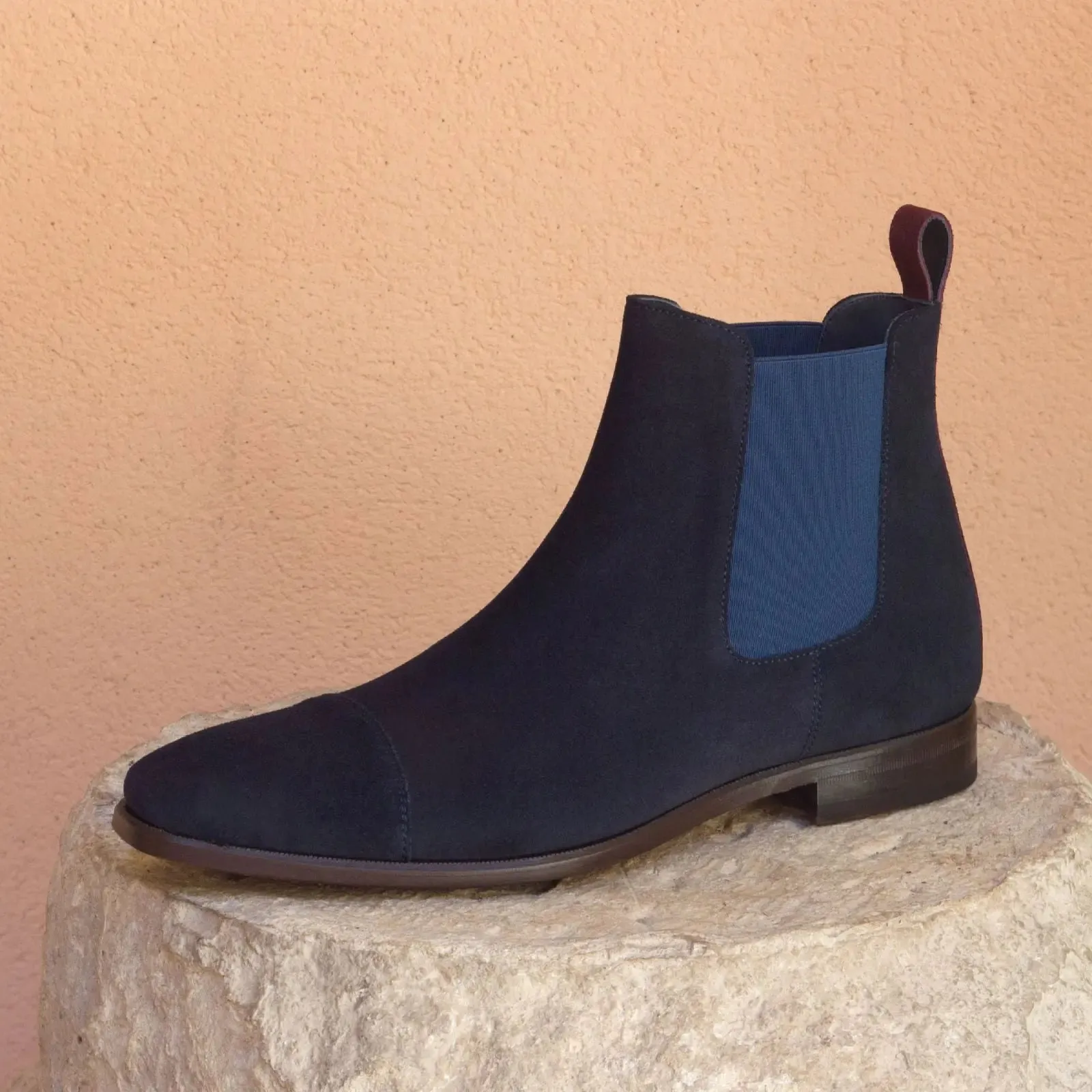 DapperFam Monza in Navy / Burgundy Men's Lux Suede Chelsea Boot