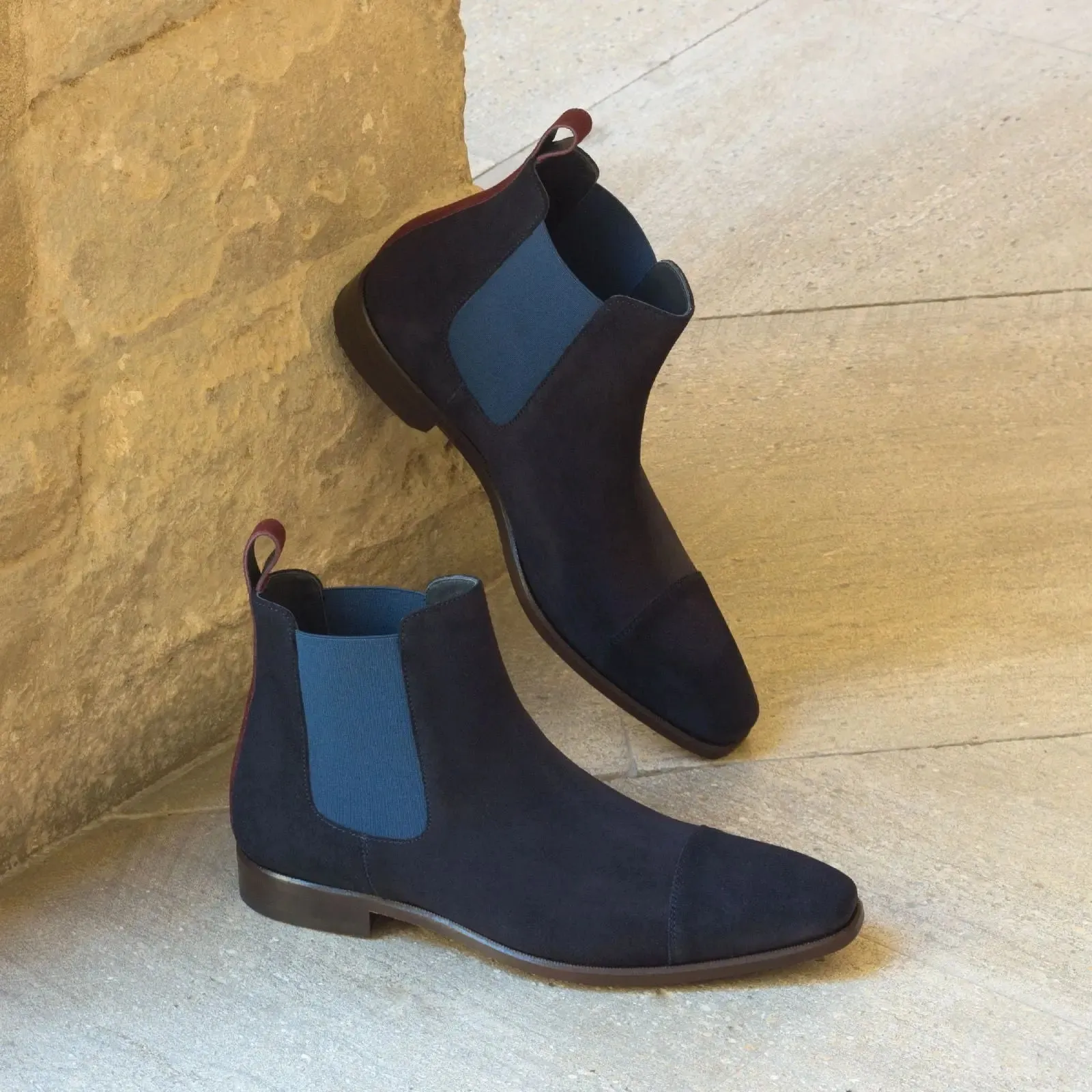 DapperFam Monza in Navy / Burgundy Men's Lux Suede Chelsea Boot
