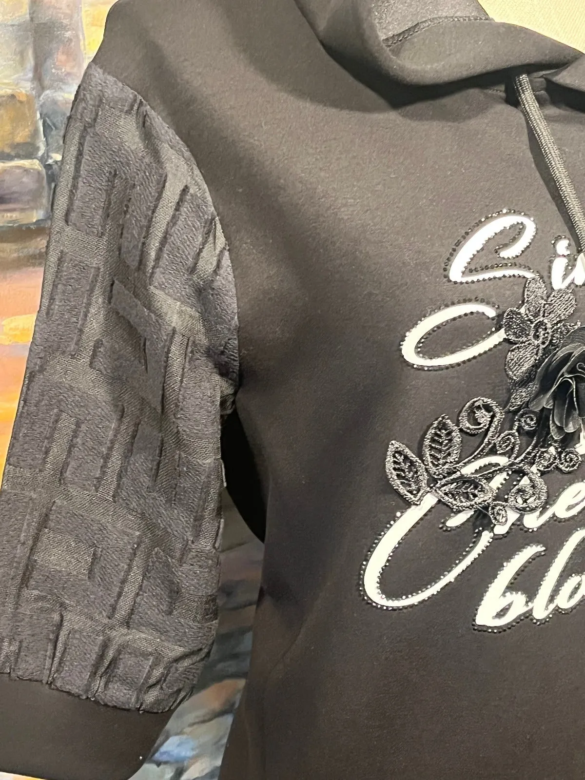 Elegant sporty Black floral and crystals decorated hoody dress