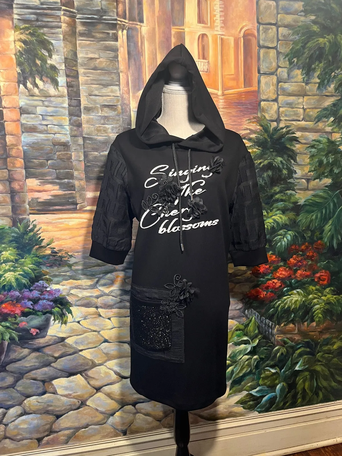 Elegant sporty Black floral and crystals decorated hoody dress