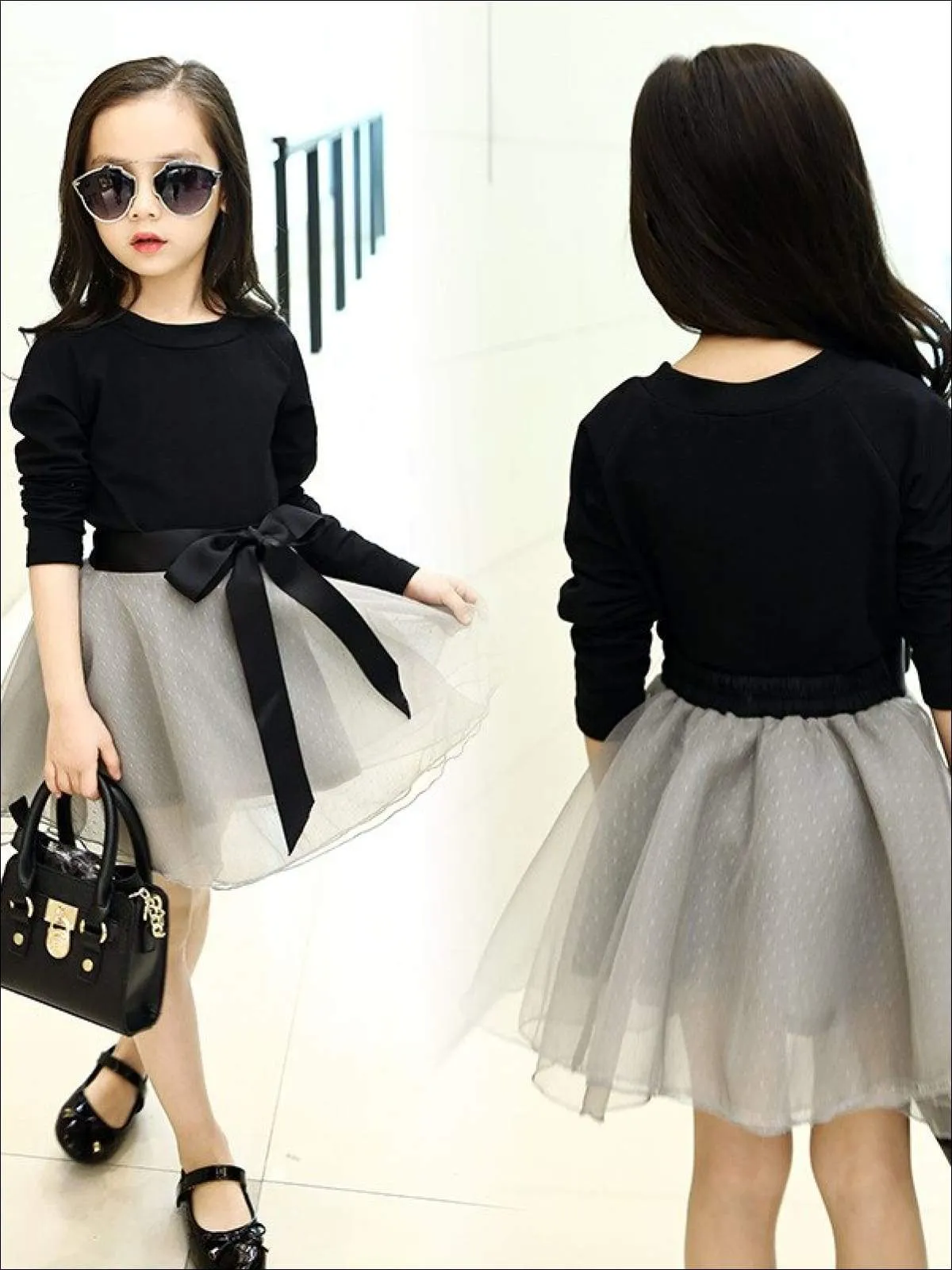 Girls Black Fitted Sweater & Grey Tutu Skirt Set