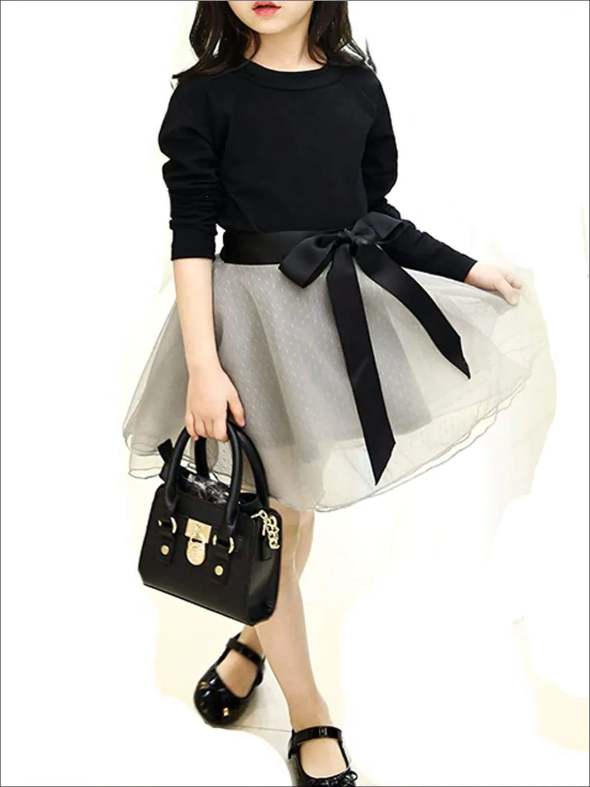 Girls Black Fitted Sweater & Grey Tutu Skirt Set