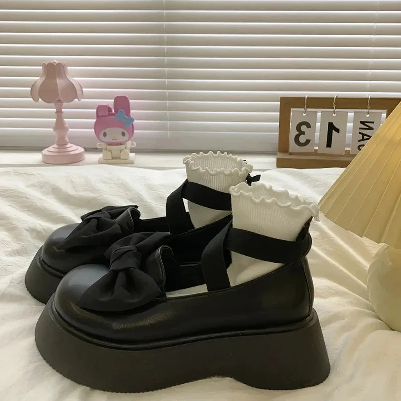 Hnzxzm Mix Color Bow Thick Platform Mary Janes Women Lovely Round Toe Non-Slip Flats Woman Ankle Strap Pu Leather Lolita Shoes Pumps