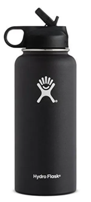 Hydro Flask Vacuum Insulated Stainless Steel Water Bottle Wide Mouth with Straw Lid (Black, 40-Ounce)