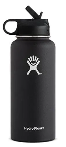 Hydro Flask Vacuum Insulated Stainless Steel Water Bottle Wide Mouth with Straw Lid (Black, 40-Ounce)