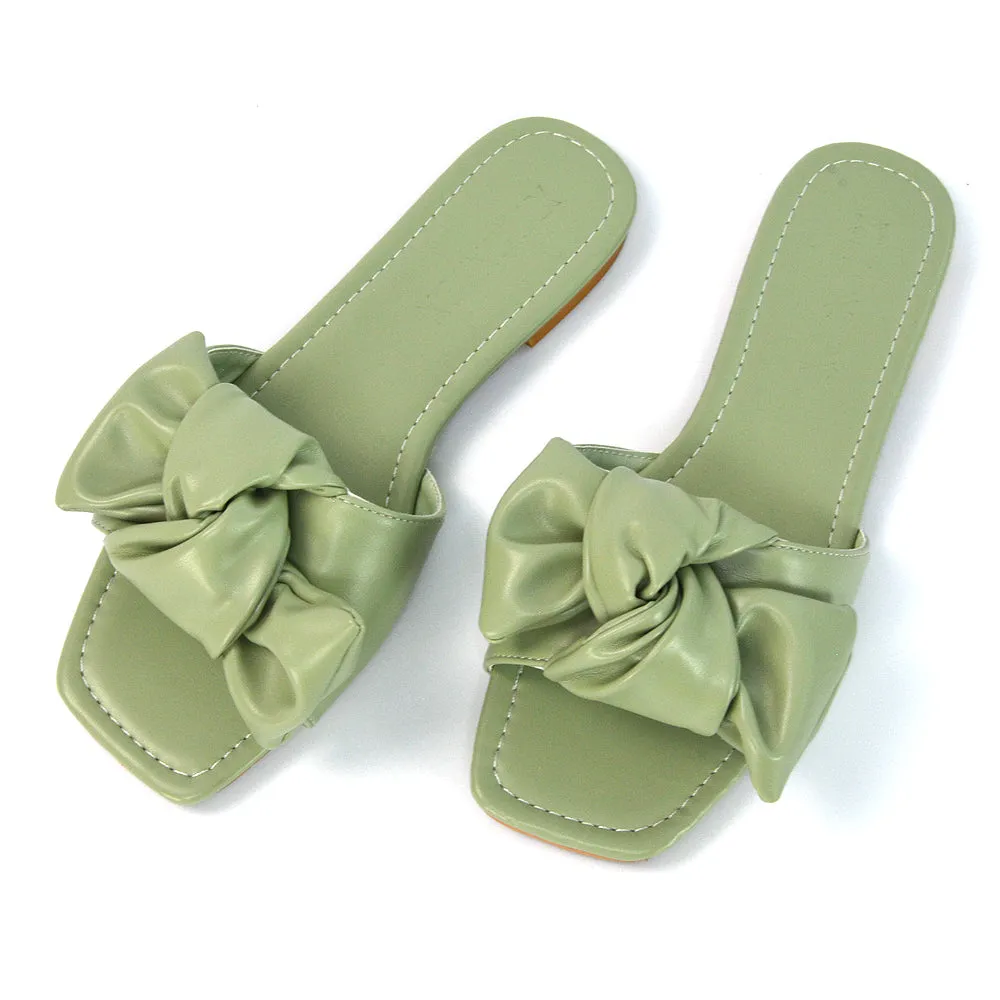 Kallie Flat Bow Detail Square Toe Summer Slider Sandals in Purple Synthetic Leather