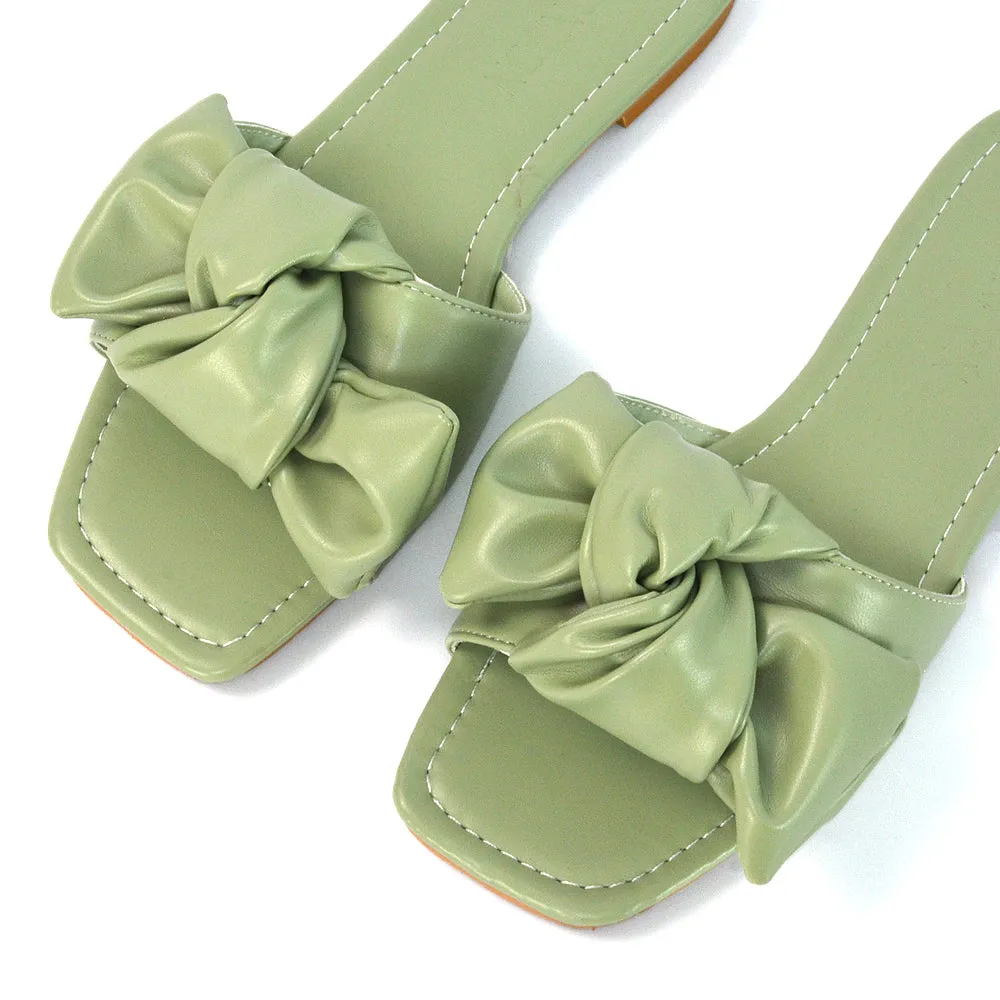 Kallie Flat Bow Detail Square Toe Summer Slider Sandals in Purple Synthetic Leather
