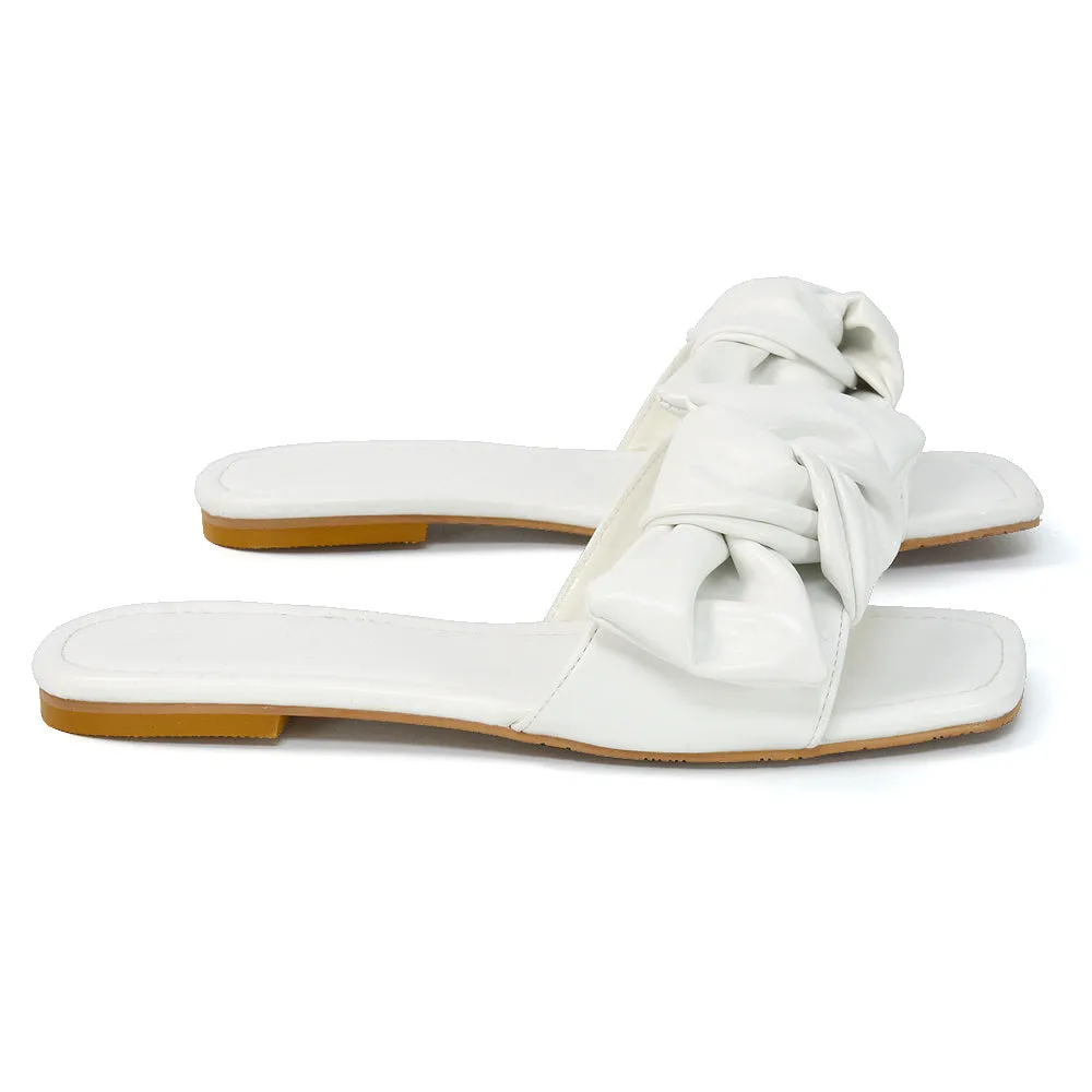 Kallie Flat Bow Detail Square Toe Summer Slider Sandals in Purple Synthetic Leather