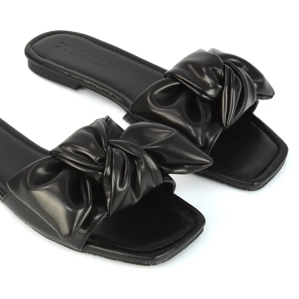 Kallie Flat Bow Detail Square Toe Summer Slider Sandals in Purple Synthetic Leather