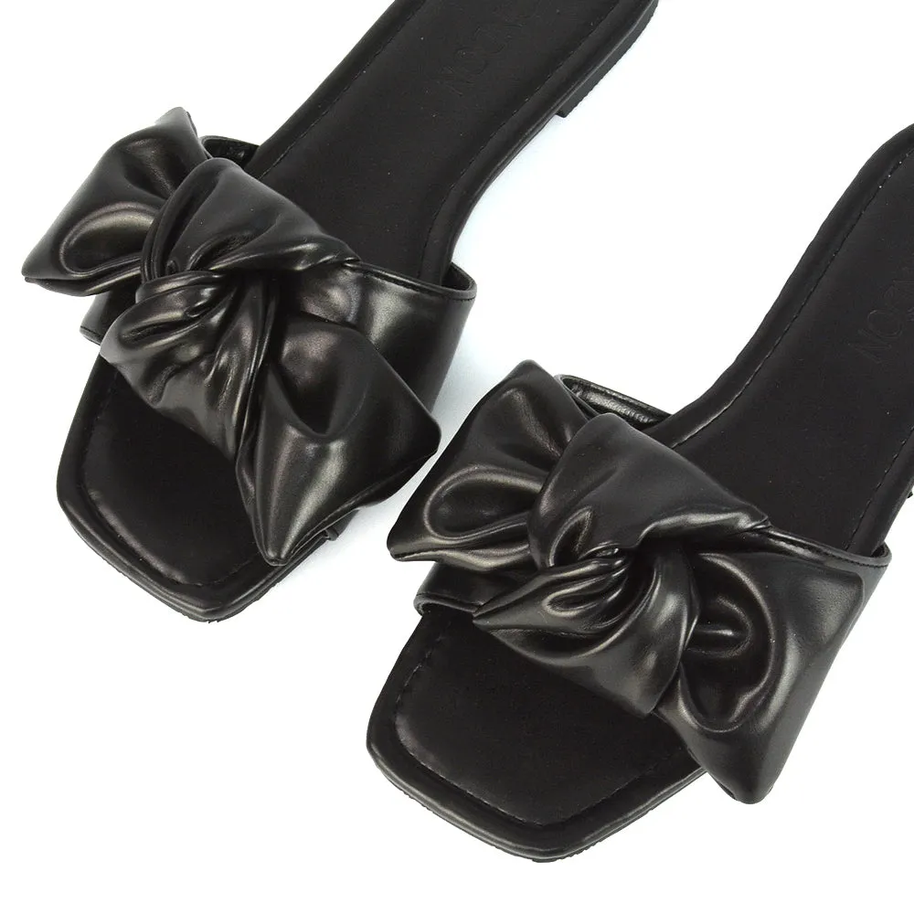 Kallie Flat Bow Detail Square Toe Summer Slider Sandals in Purple Synthetic Leather