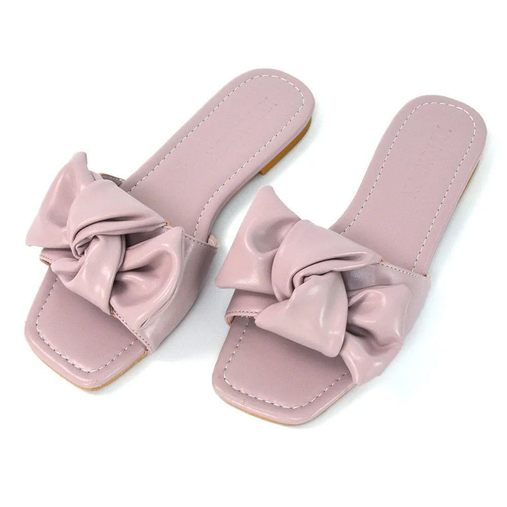 Kallie Flat Bow Detail Square Toe Summer Slider Sandals in Purple Synthetic Leather