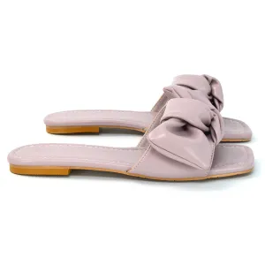 Kallie Flat Bow Detail Square Toe Summer Slider Sandals in Purple Synthetic Leather