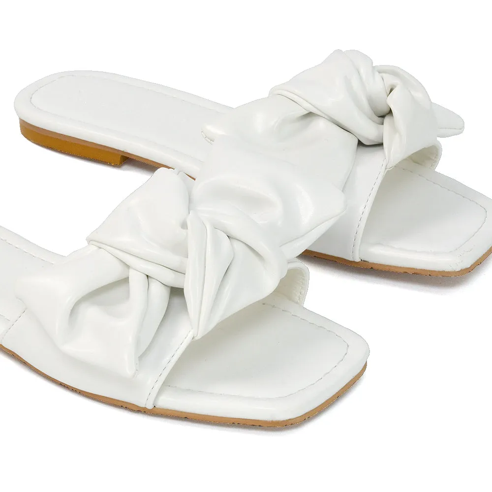 Kallie Flat Bow Detail Square Toe Summer Slider Sandals in Purple Synthetic Leather