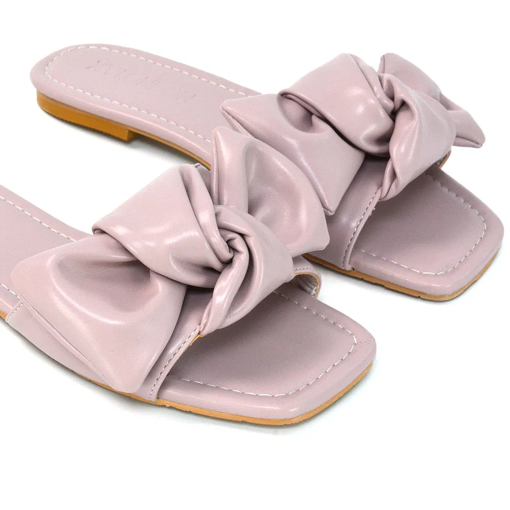 Kallie Flat Bow Detail Square Toe Summer Slider Sandals in Purple Synthetic Leather
