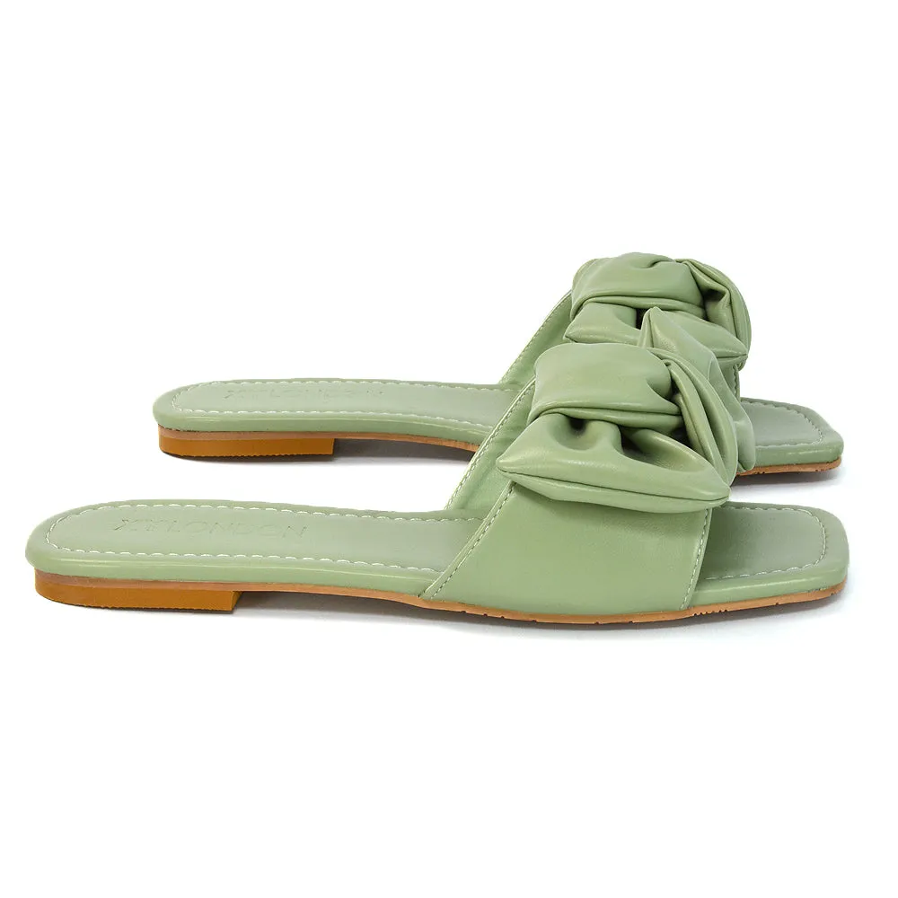 Kallie Flat Bow Detail Square Toe Summer Slider Sandals in Purple Synthetic Leather