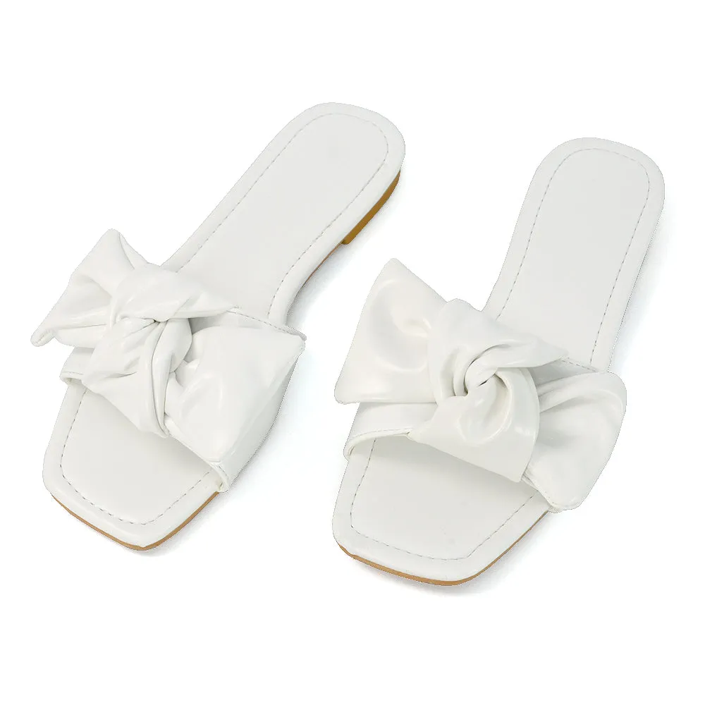 Kallie Flat Bow Detail Square Toe Summer Slider Sandals in Purple Synthetic Leather