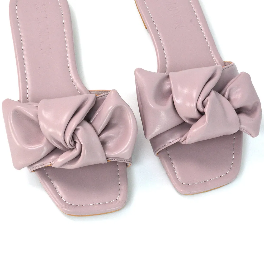 Kallie Flat Bow Detail Square Toe Summer Slider Sandals in Purple Synthetic Leather