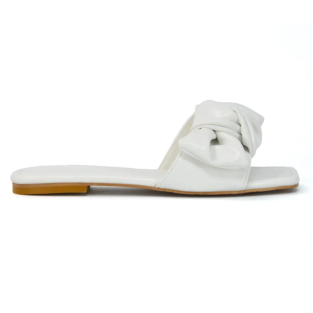 Kallie Flat Bow Detail Square Toe Summer Slider Sandals in Purple Synthetic Leather