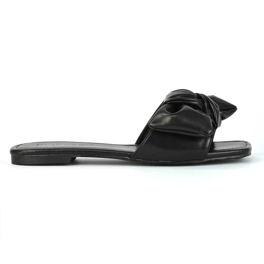 Kallie Flat Bow Detail Square Toe Summer Slider Sandals in Purple Synthetic Leather