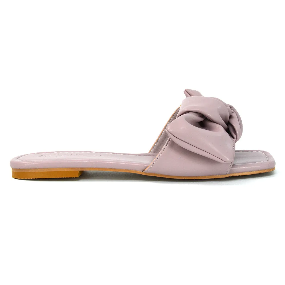 Kallie Flat Bow Detail Square Toe Summer Slider Sandals in Purple Synthetic Leather