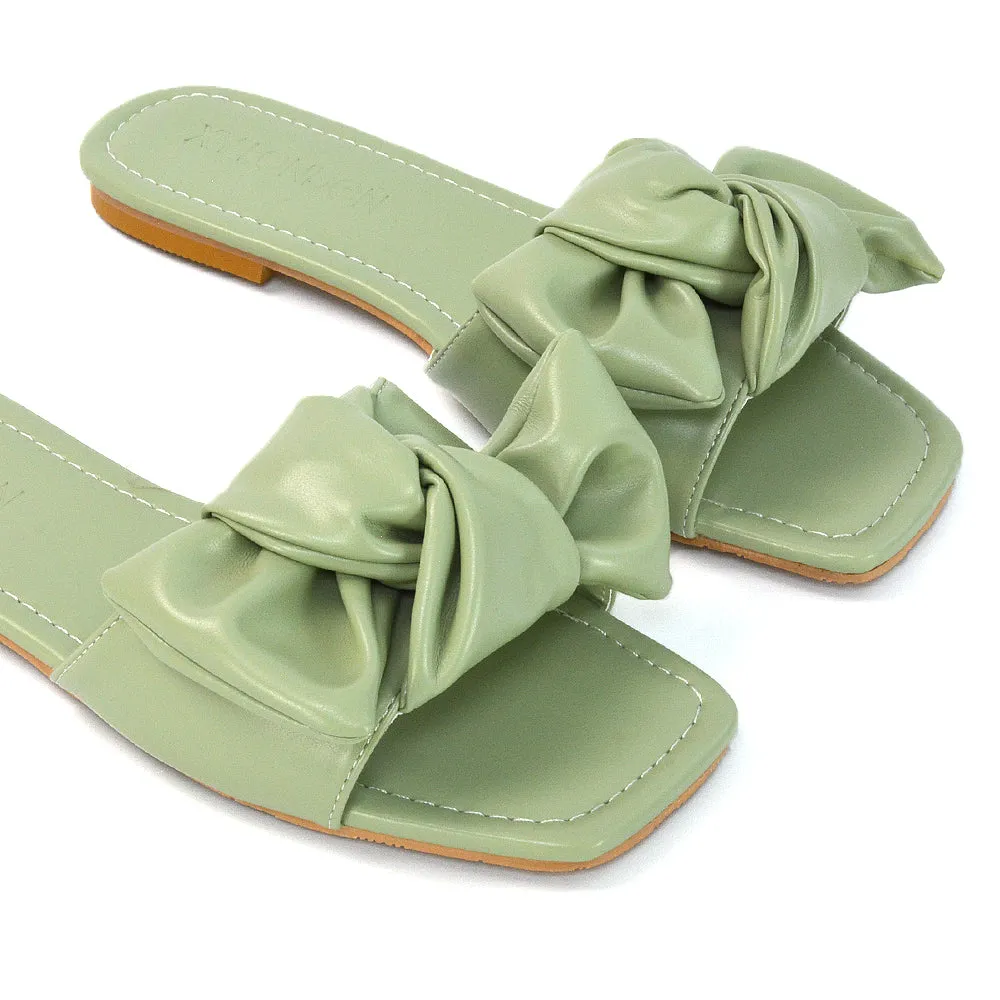Kallie Flat Bow Detail Square Toe Summer Slider Sandals in Purple Synthetic Leather