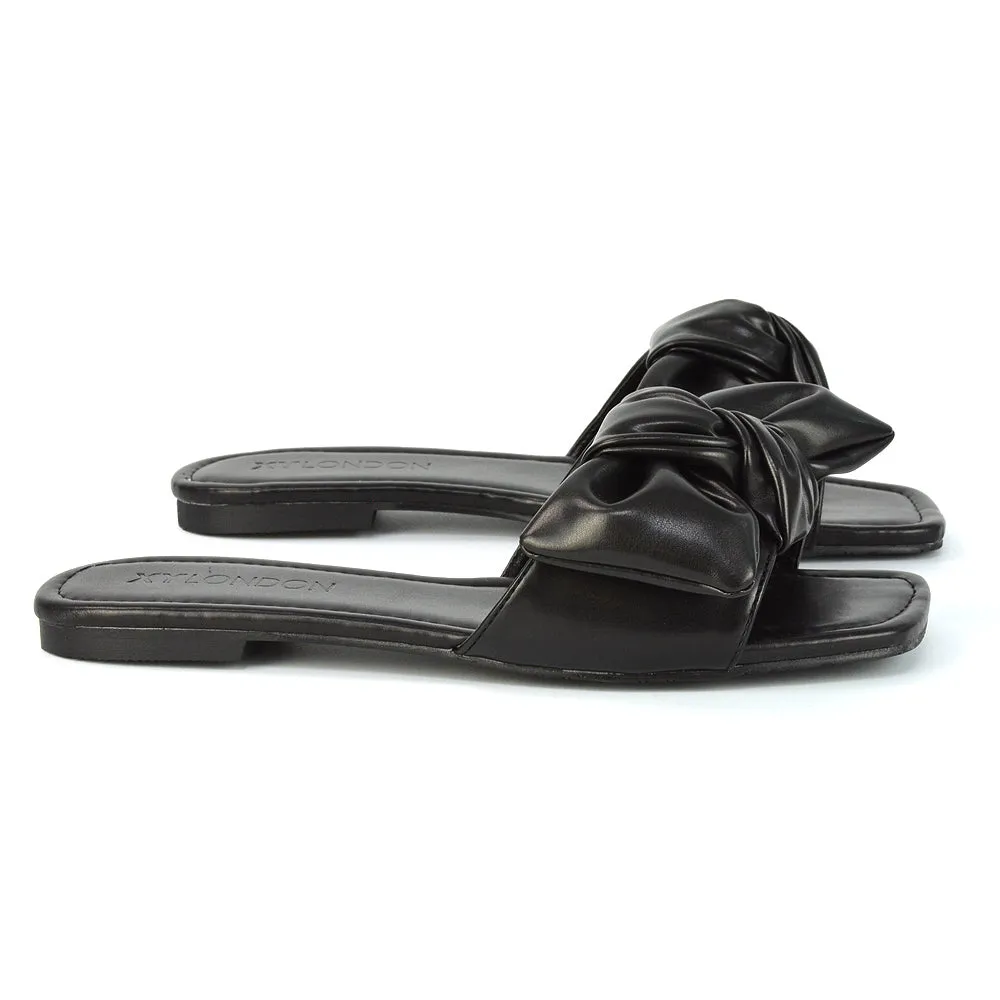 Kallie Flat Bow Detail Square Toe Summer Slider Sandals in Purple Synthetic Leather