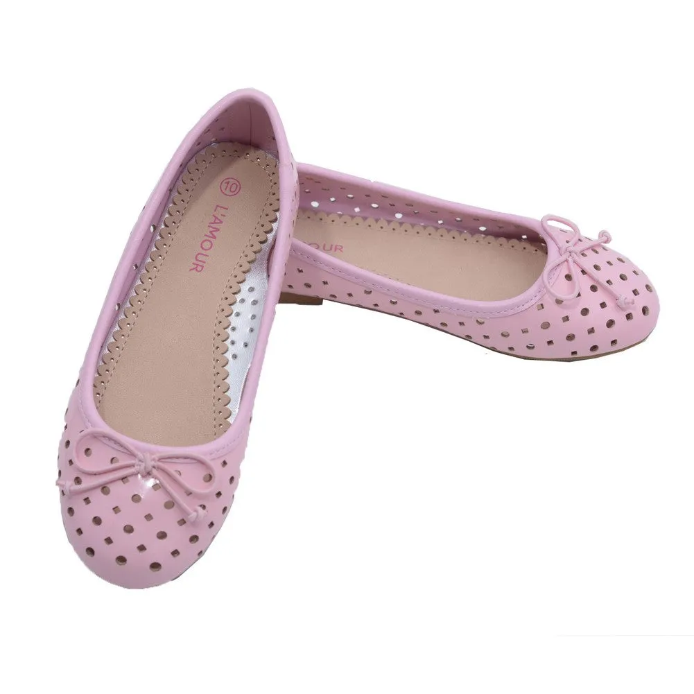 Little Big Kids Girls Pink Perforated Bow Ballet Flats 11-4 Kids