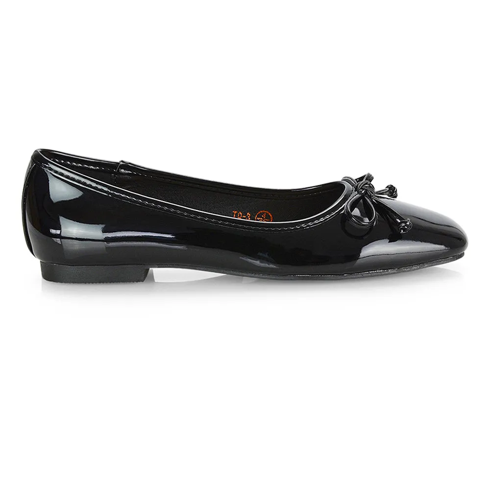 Lizzy Bow Detailing Flat Square Toe Ballerina Pump Shoes in Black PU