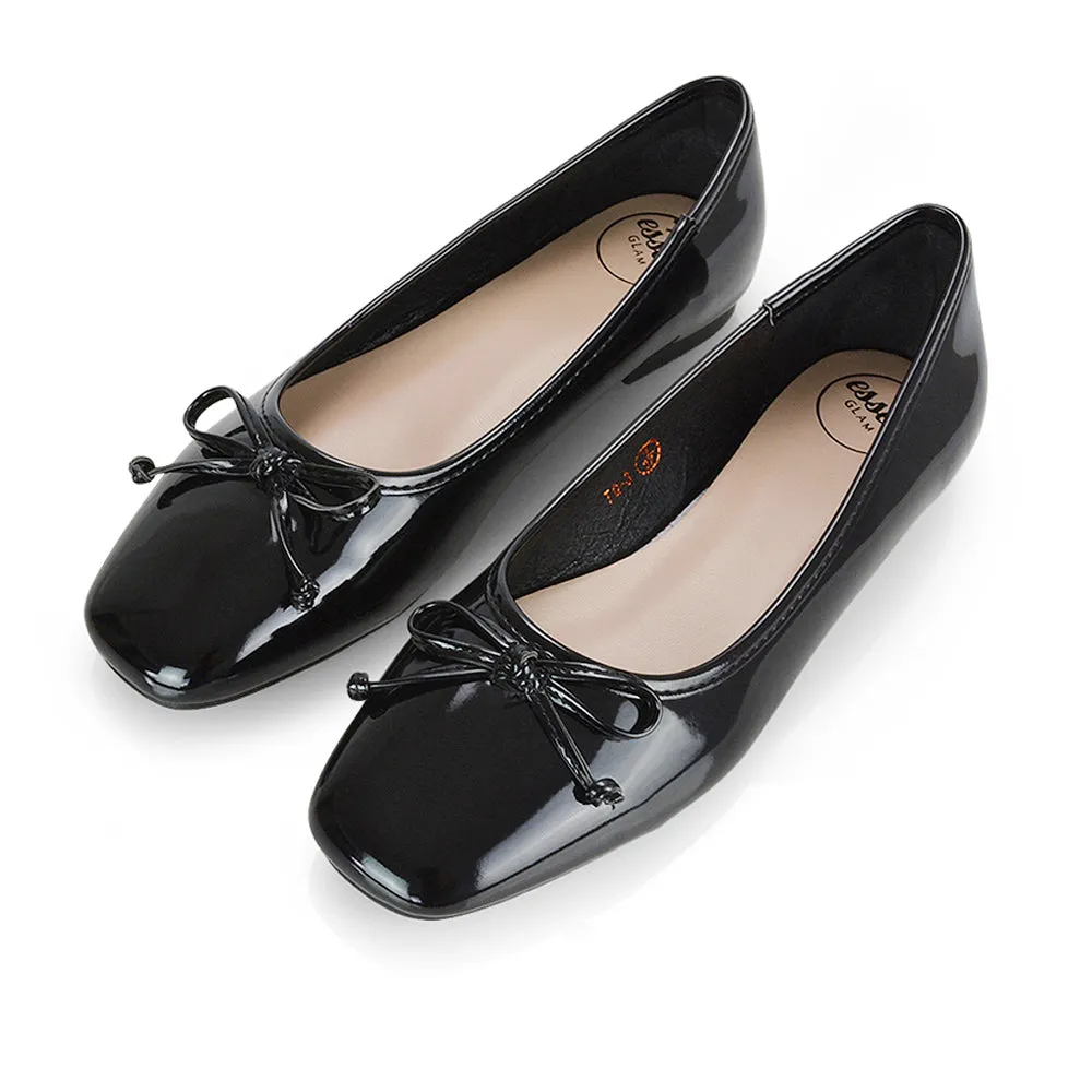 Lizzy Bow Detailing Flat Square Toe Ballerina Pump Shoes in Black PU