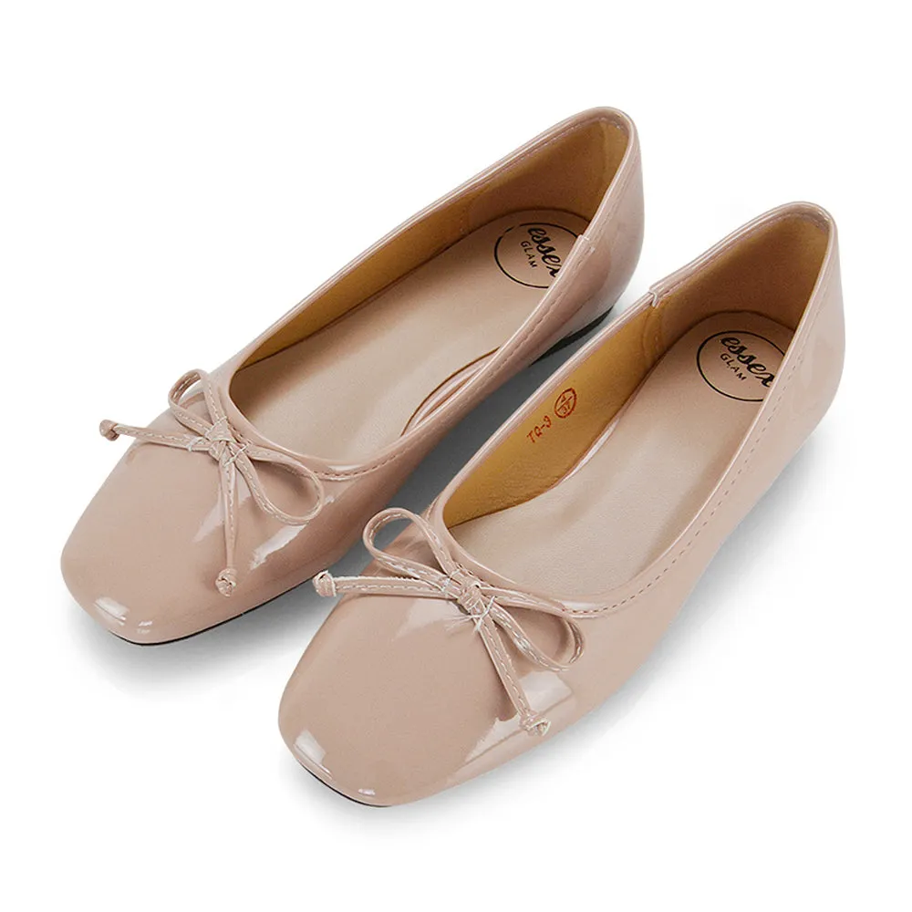 Lizzy Bow Detailing Flat Square Toe Ballerina Pump Shoes in Black PU