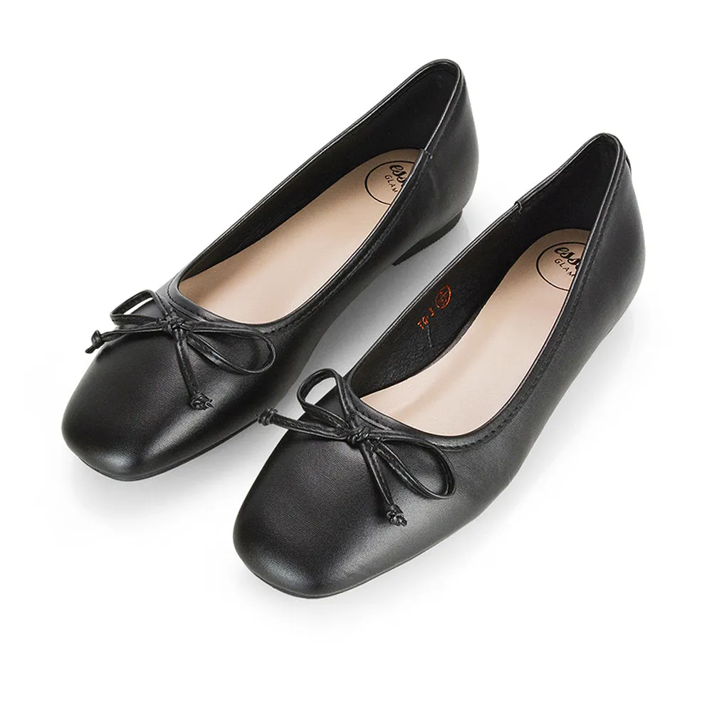 Lizzy Bow Detailing Flat Square Toe Ballerina Pump Shoes in Black PU