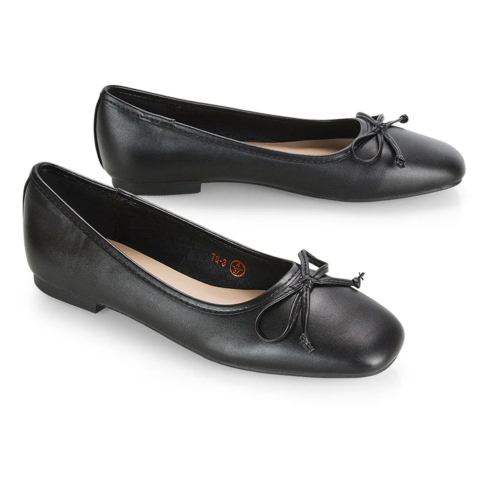 Lizzy Bow Detailing Flat Square Toe Ballerina Pump Shoes in Black PU