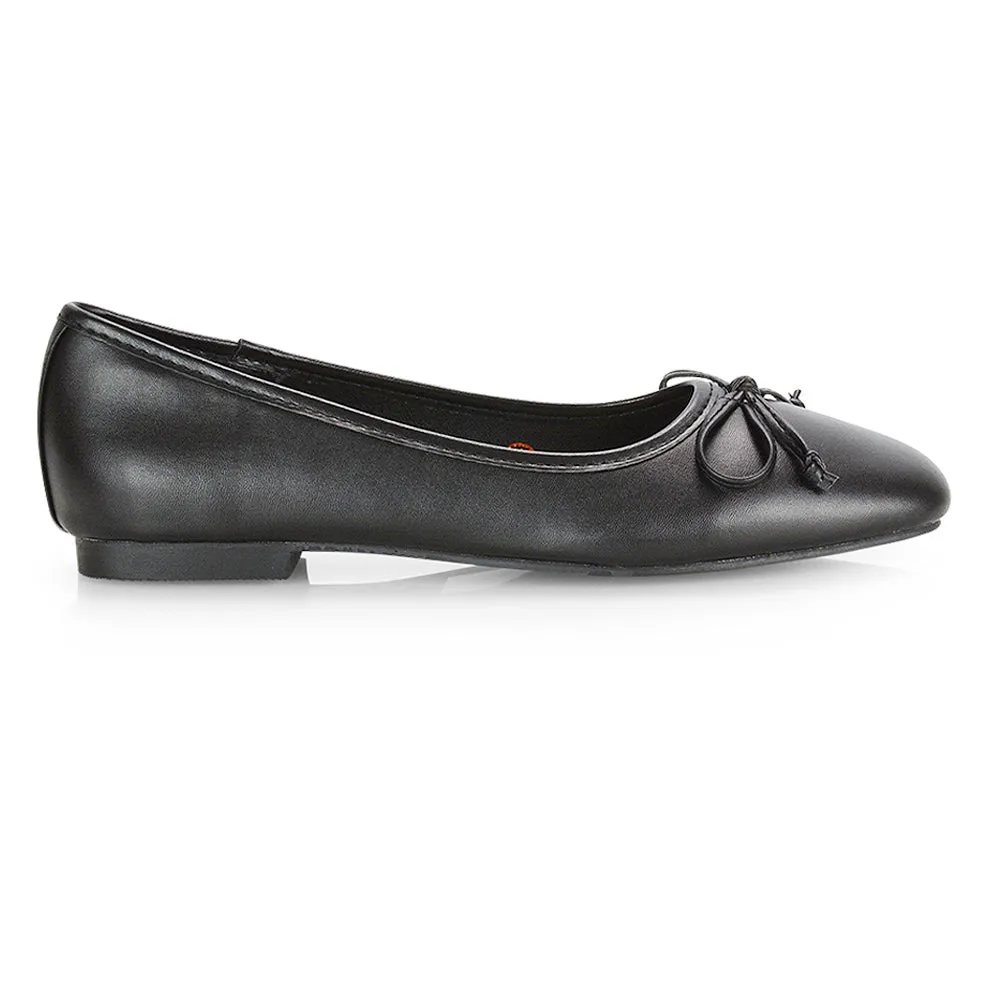 Lizzy Bow Detailing Flat Square Toe Ballerina Pump Shoes in Black PU
