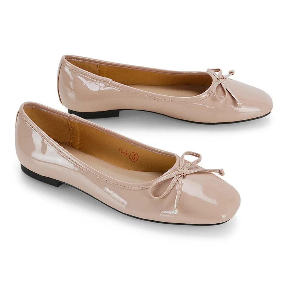 Lizzy Bow Detailing Flat Square Toe Ballerina Pump Shoes in Black PU