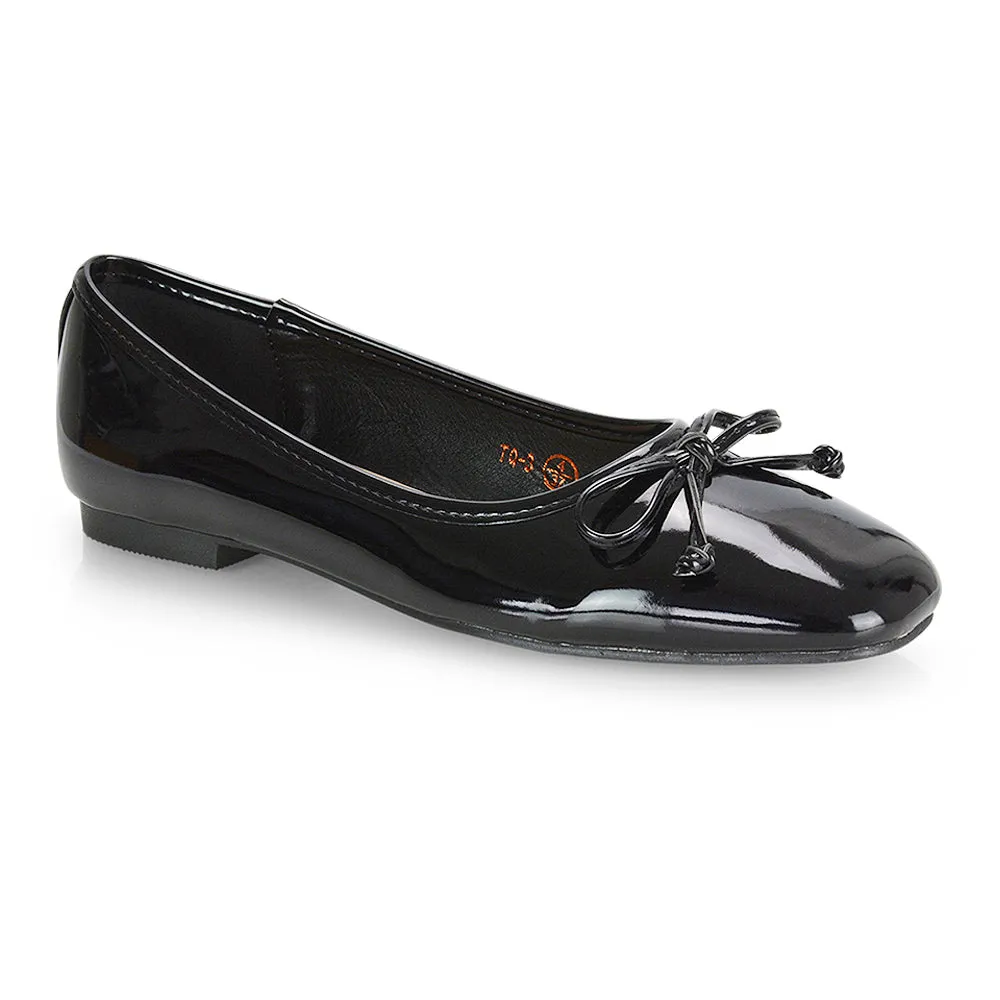 Lizzy Bow Detailing Flat Square Toe Ballerina Pump Shoes in Black PU