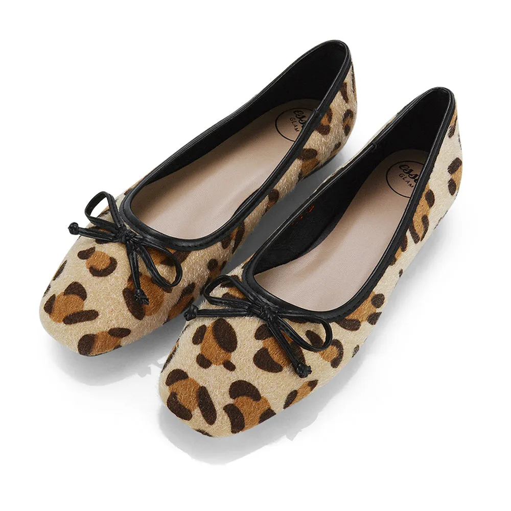 Lizzy Bow Detailing Flat Square Toe Ballerina Pump Shoes in Black PU