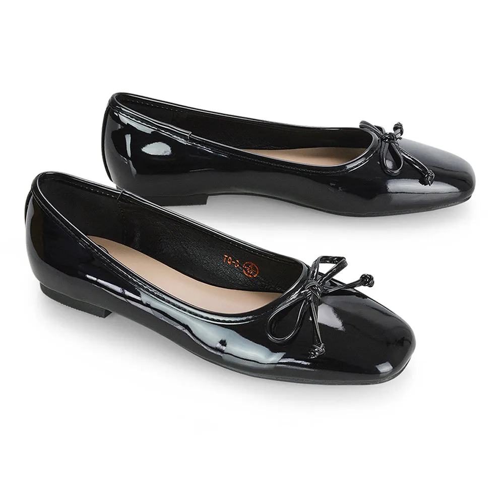 Lizzy Bow Detailing Flat Square Toe Ballerina Pump Shoes in Black PU
